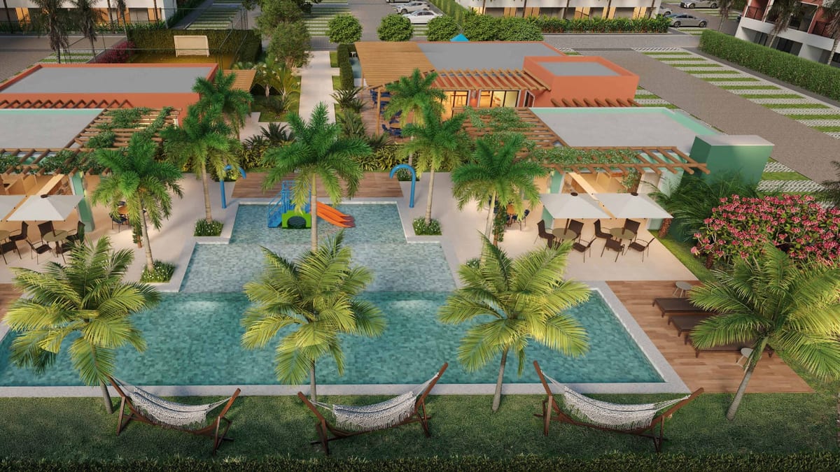 Aerial view of the landscaped leisure area at Maré Porto das Dunas