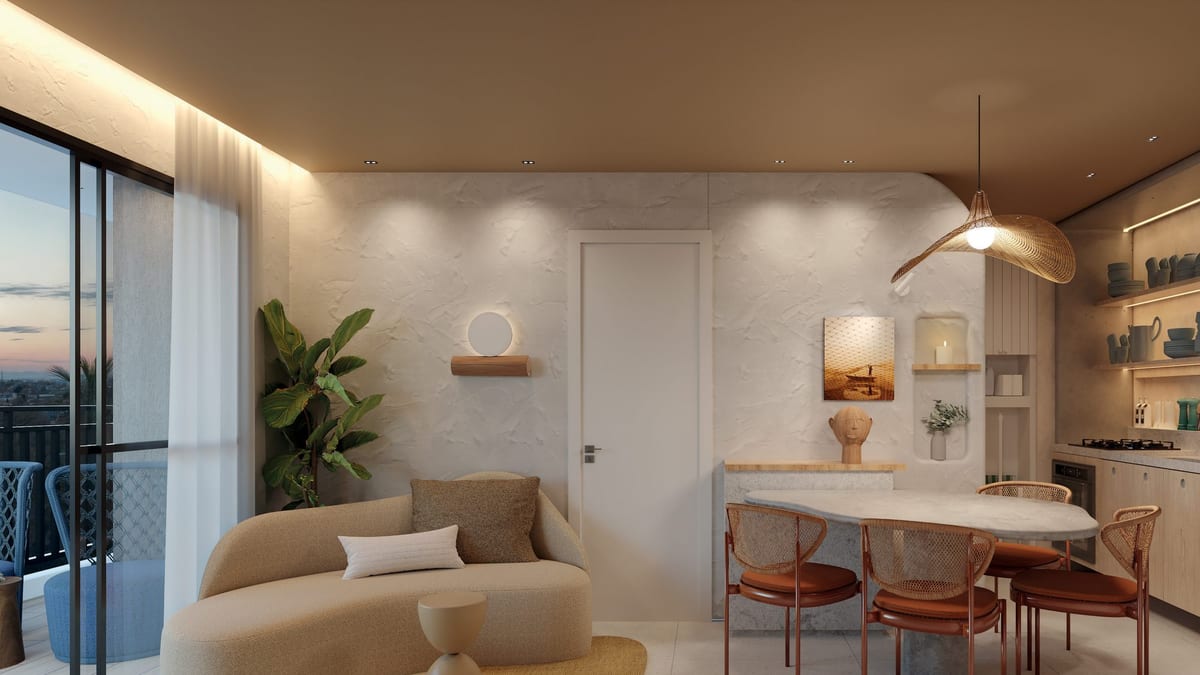 Illustrative living room and balcony at Maré