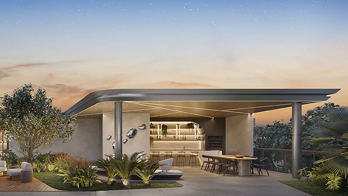 Covered gourmet deck and outdoor dining area at The Dream