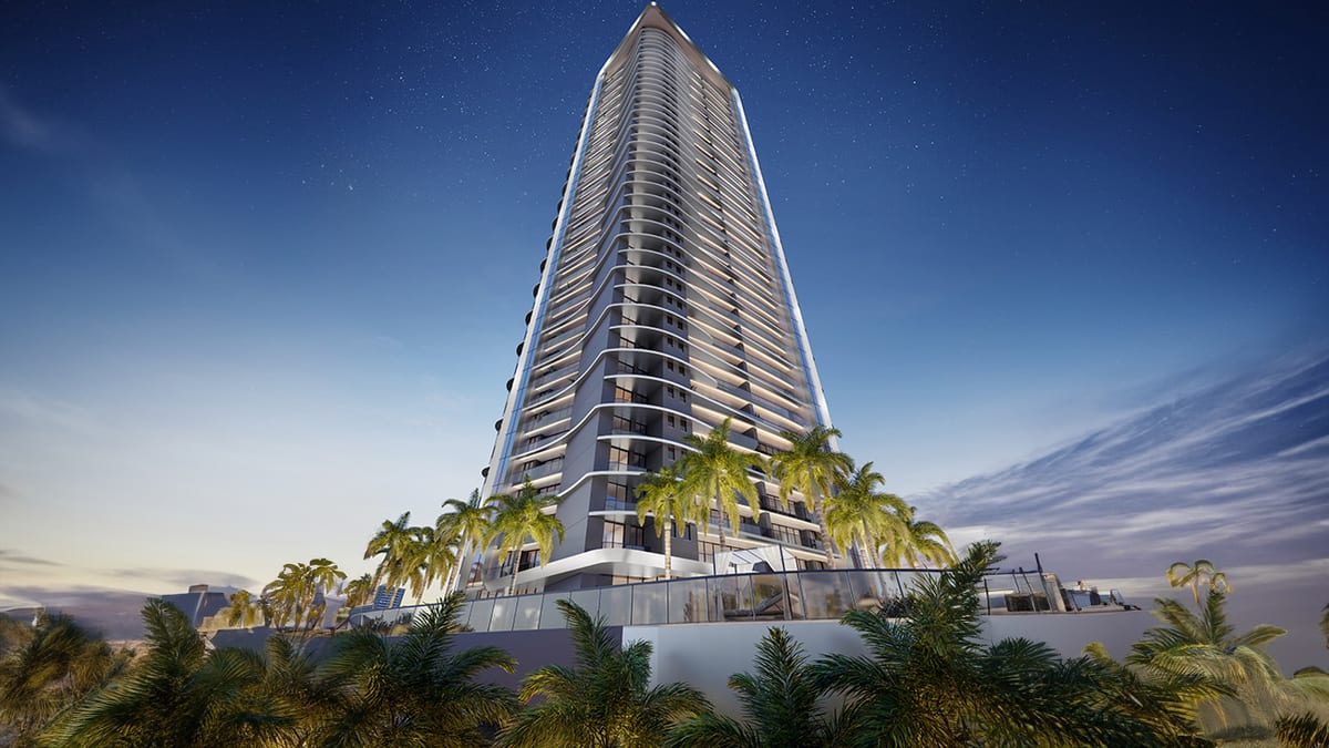 Monumental street view of the Wind residential tower